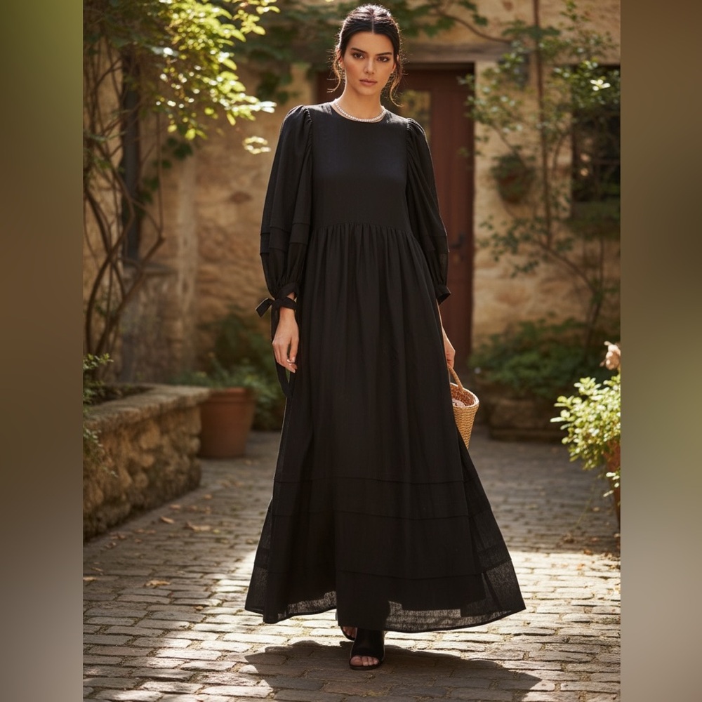 Hunter Bell Solid Black “Bennett” Puff Sleeve Multi-Bow Tie Peasant Maxi Dress